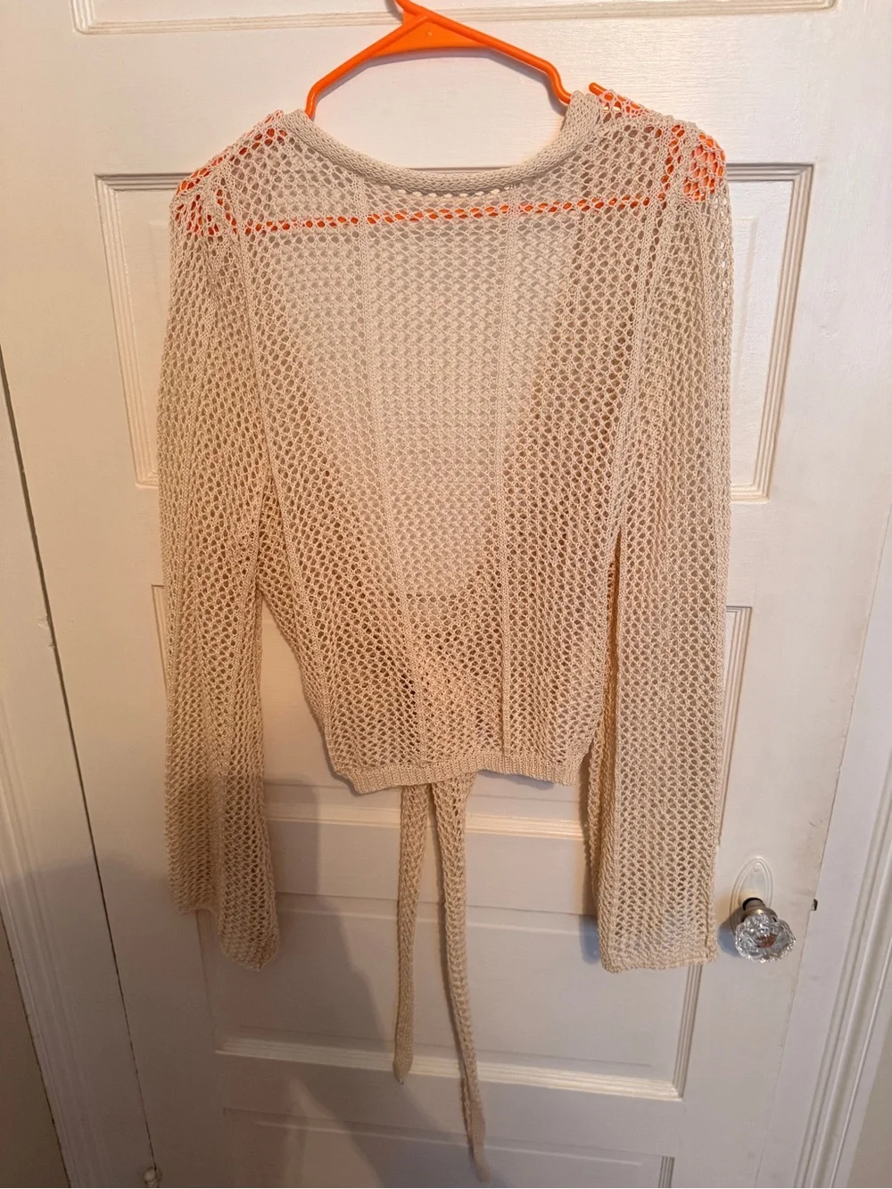 Amazon Cream Open-Knit Tie-Front Women's Sweater Shrug
